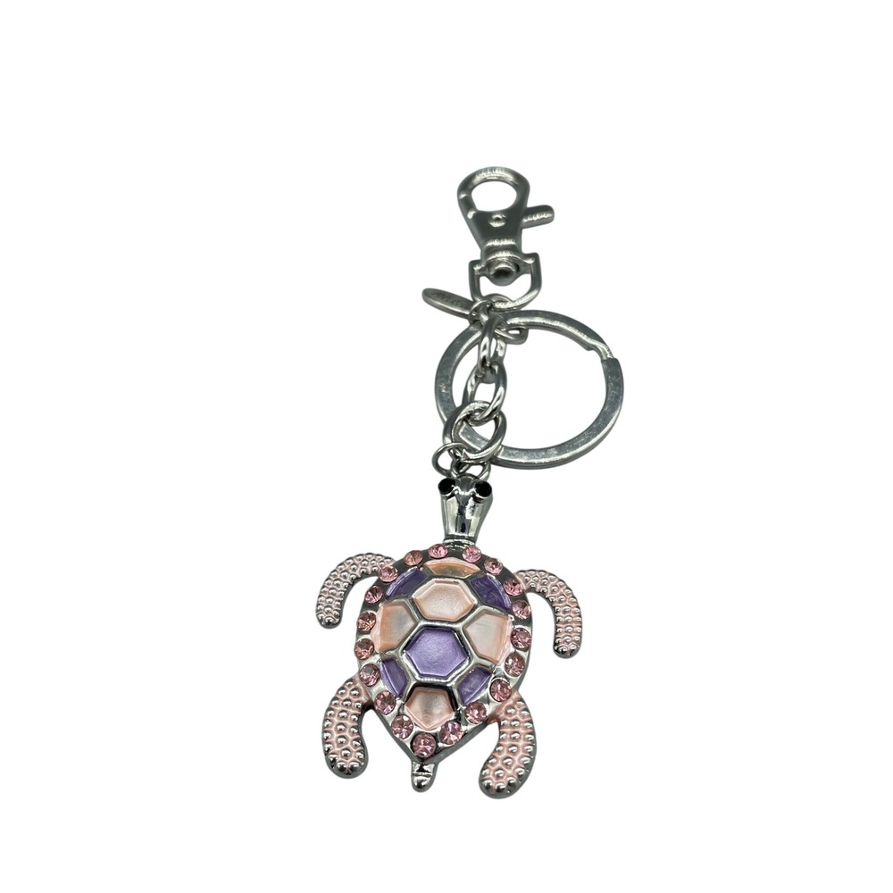 Aloha Sea Turtle Keychain Pink Purple Enamel Rhinestone Silver Tone Bag Charm